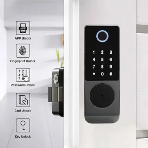 OLED display and keypad on a waterproof outdoor gate smart lock