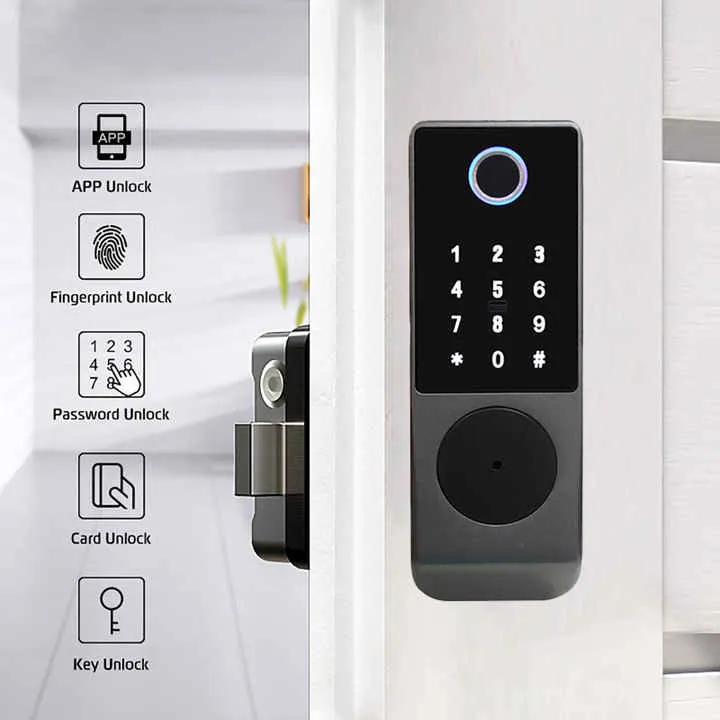 OLED display and keypad on a waterproof outdoor gate smart lock