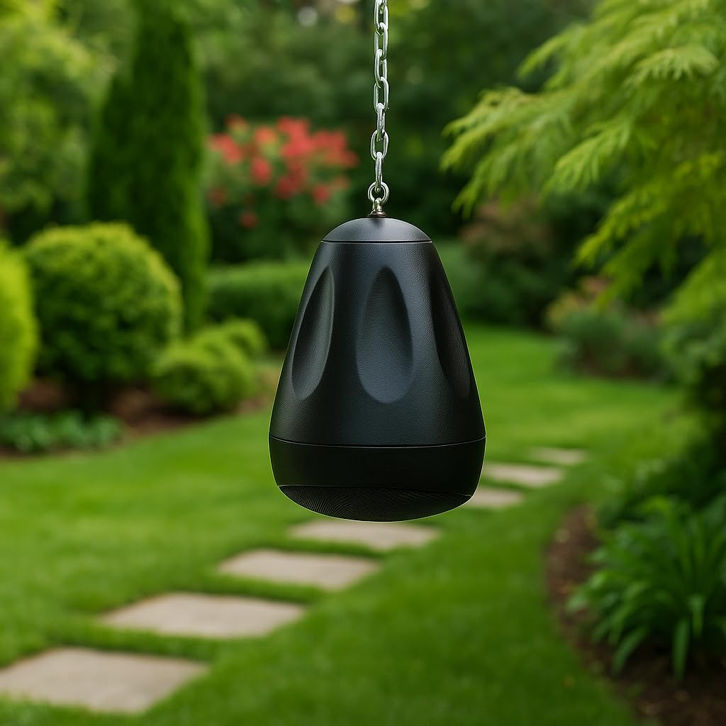 IP66 weatherproof outdoor speaker mounted on a garden wall in light rain