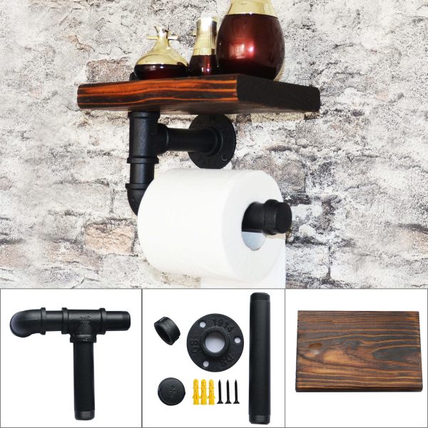 Alternative view of Kopen Industrial Cast Iron Toilet Paper Holder with Wooden Shelf