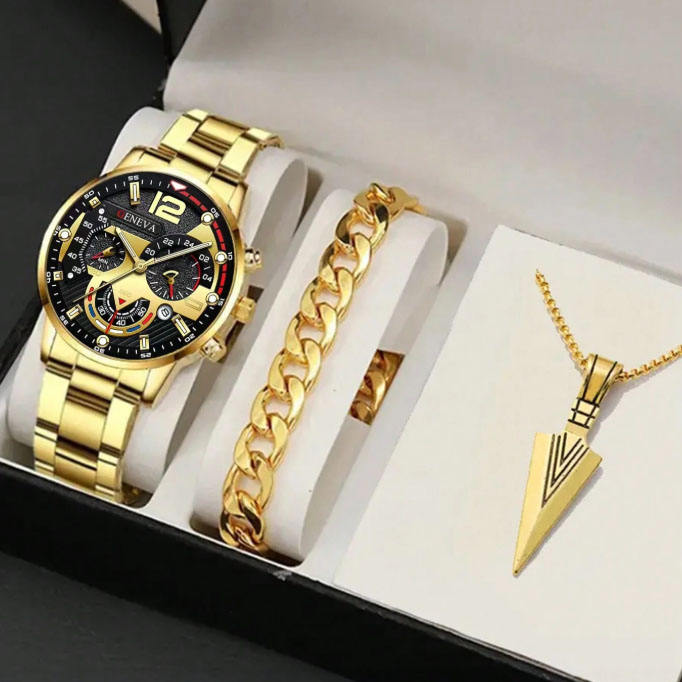 Gold Alloy Quartz Watch & Bracelet Set for Men – Classic Design | Kopen - Image 6